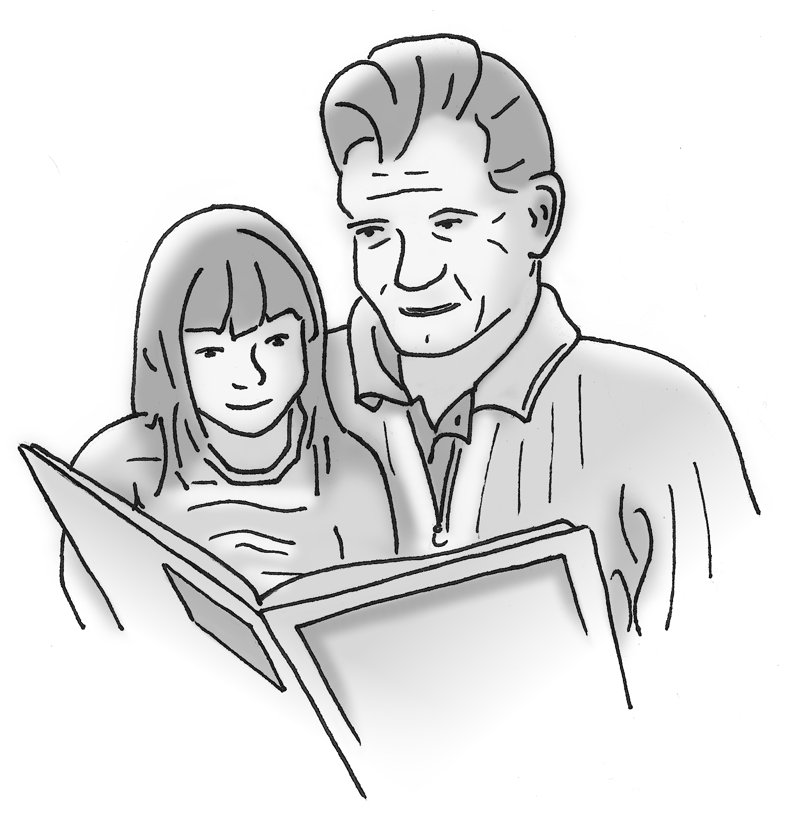 Drawing of an adult and a child reading a book together.